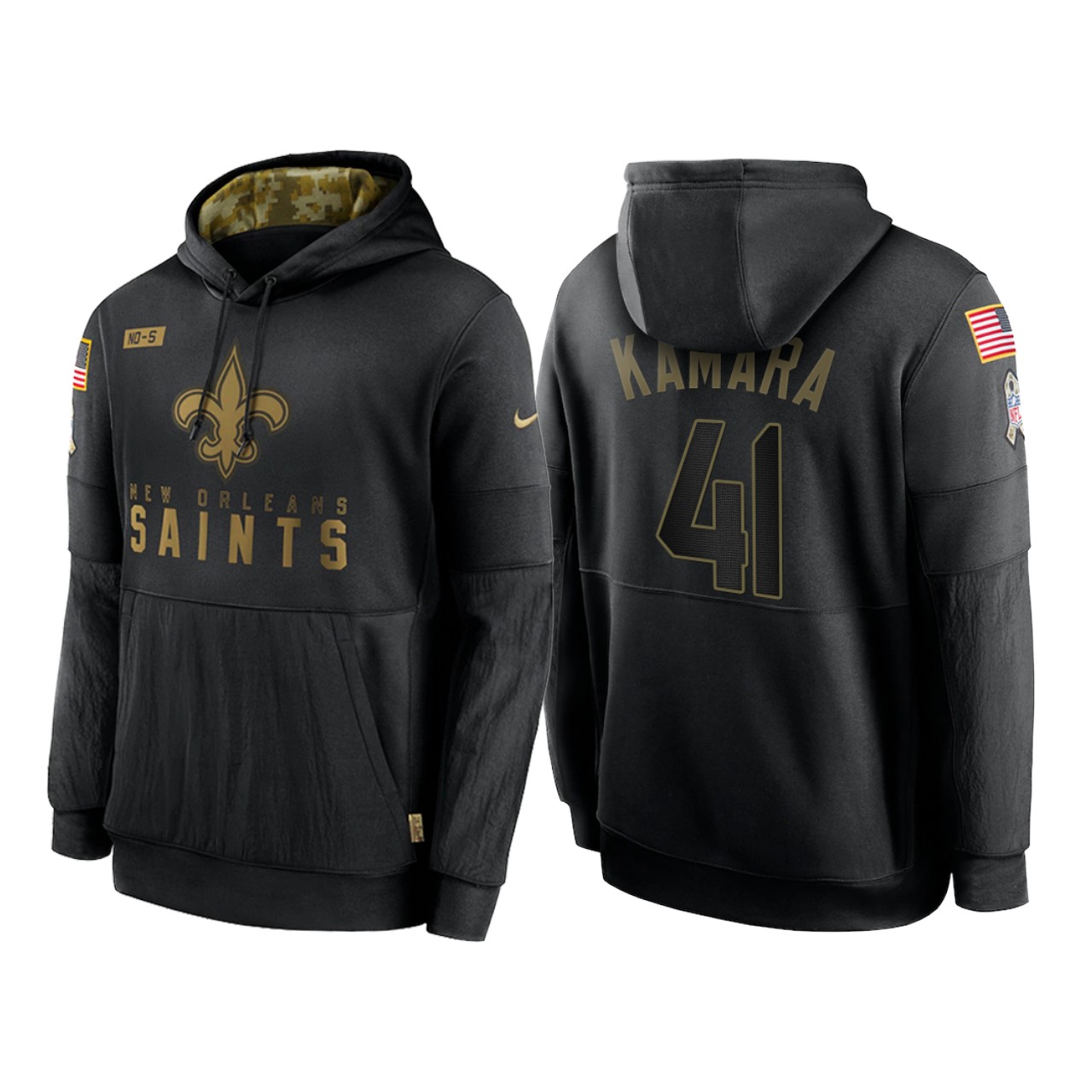 Men's New Orleans Saints #41 Alvin Kamara 2020 Black Salute to Service Sideline Performance Pullover Hoodie